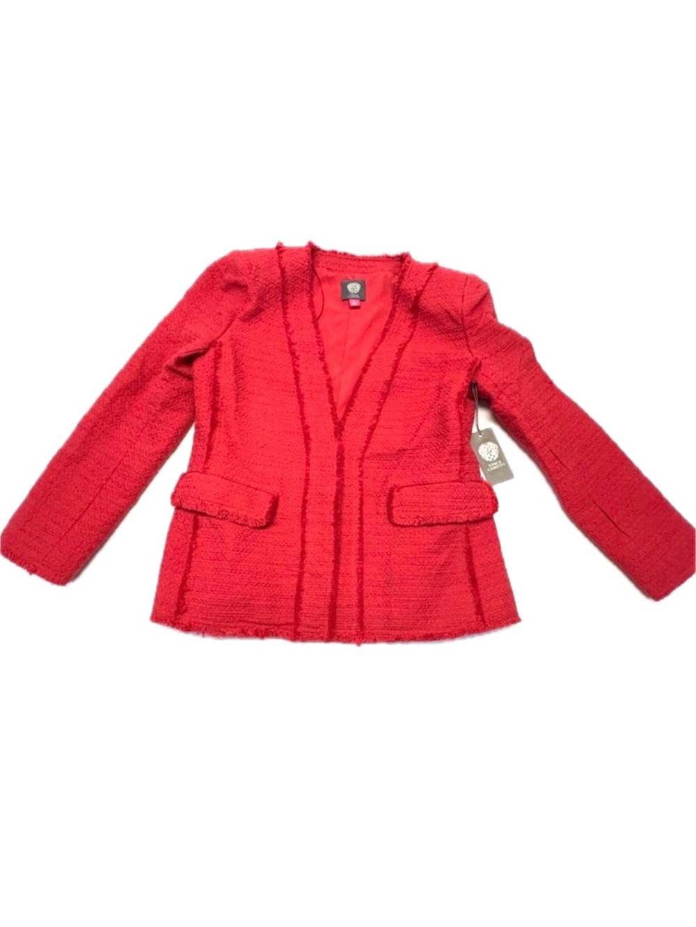 NWT Vince Camuto Boucle Fringe Open Blazer Jacket Red Small S